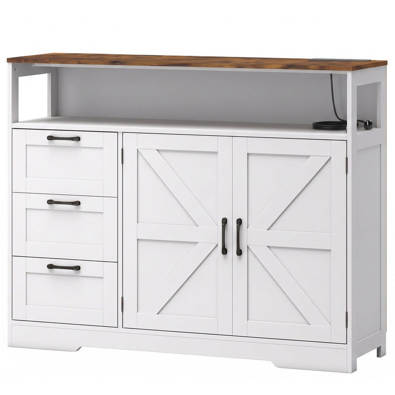 White farmhouse sideboard cabinet with barn-style doors, three drawers and open shelf