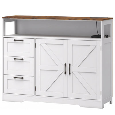 White farmhouse sideboard cabinet with barn-style doors, three drawers and open shelf