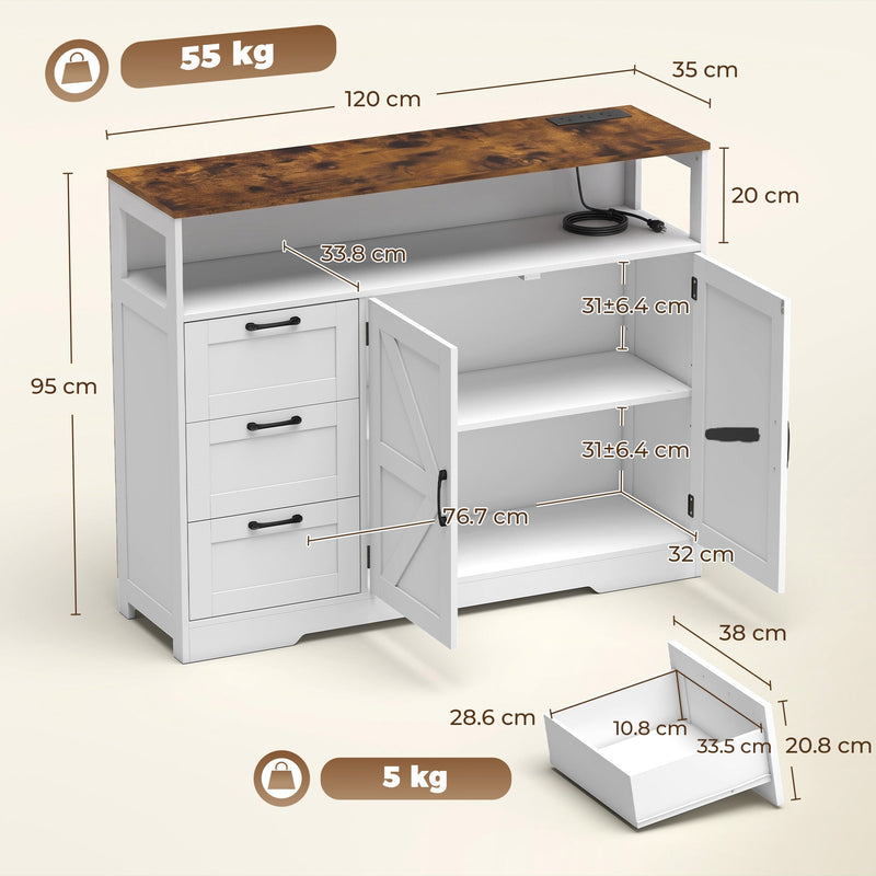Dimension diagram showing 120 x 35 x 95 cm sideboard with drawer and cabinet interior sizes