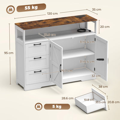 Dimension diagram showing 120 x 35 x 95 cm sideboard with drawer and cabinet interior sizes