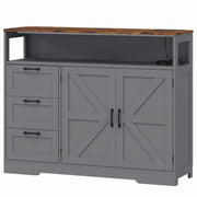 Grey farmhouse sideboard cabinet with barn-style doors, three drawers and open shelf