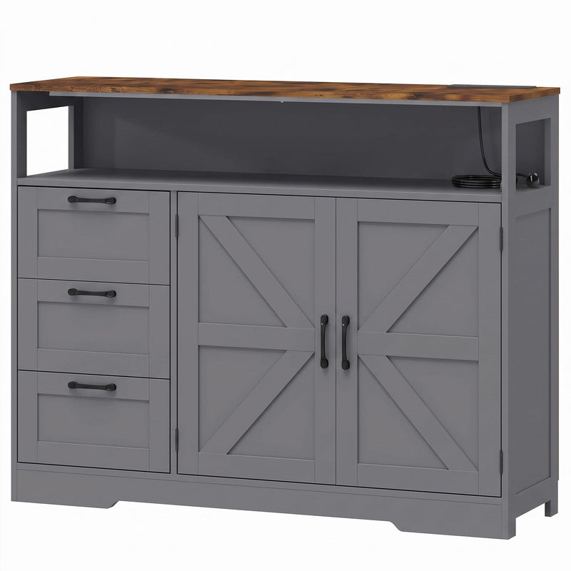 Grey farmhouse sideboard cabinet with barn-style doors, three drawers and open shelf