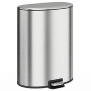 Silver brushed stainless steel 50L oval pedal bin on a white background