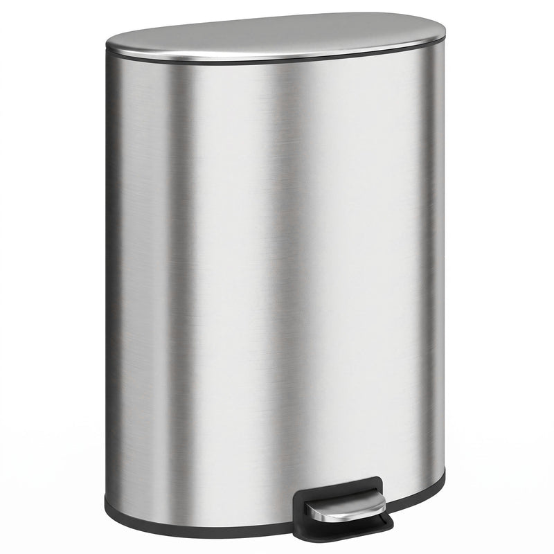 Silver brushed stainless steel 50L oval pedal bin on a white background