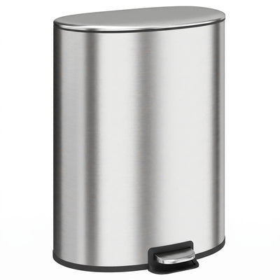 Silver brushed stainless steel 50L oval pedal bin on a white background