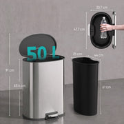 Dimensions diagram of the pedal bin showing 65.4 cm height, 91 cm lid open and inner bucket size