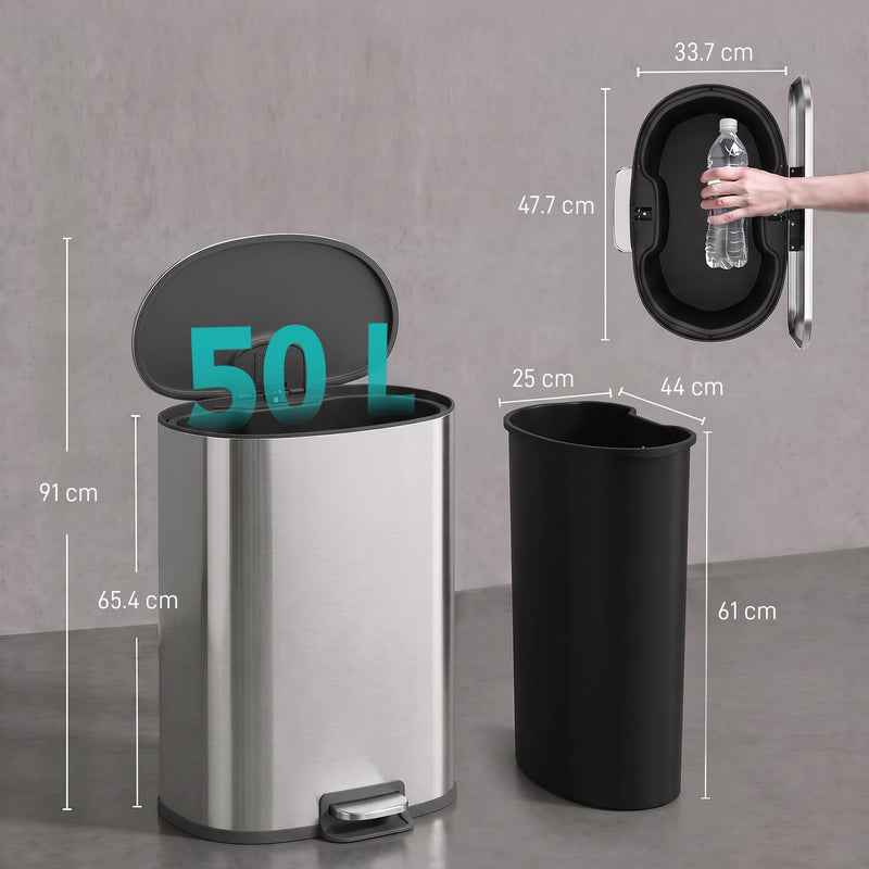 Dimensions diagram of the pedal bin showing 65.4 cm height, 91 cm lid open and inner bucket size