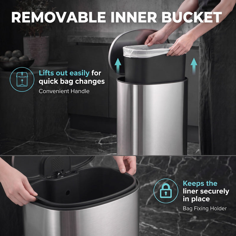 Removable inner bucket lifting out of the pedal bin with a bag fixing holder inside