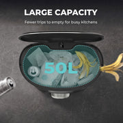 Top-down view into the open pedal bin showing 50L capacity filled with waste