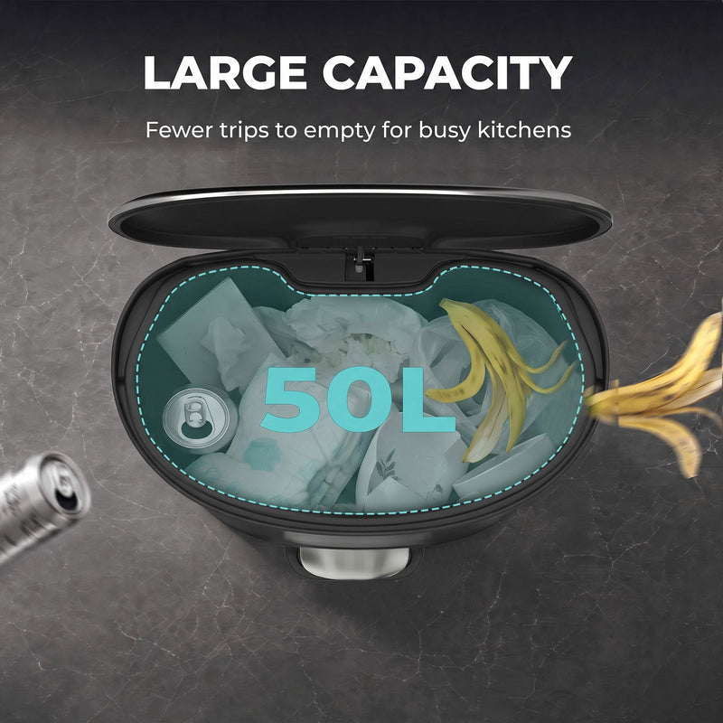 Top-down view into the open pedal bin showing 50L capacity filled with waste