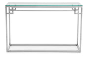 120cm silver console table with clear tempered glass top on a plain background