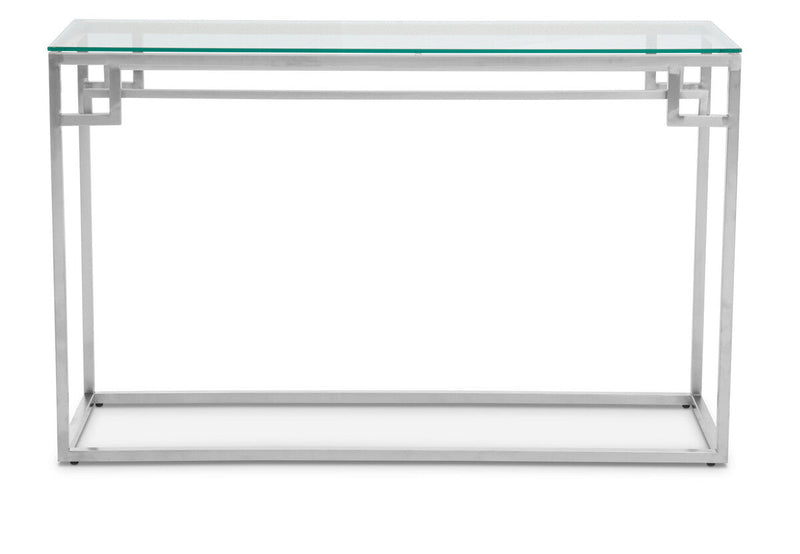 120cm silver console table with clear tempered glass top on a plain background