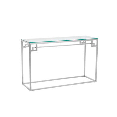 Angled studio view of the silver stainless steel console table frame