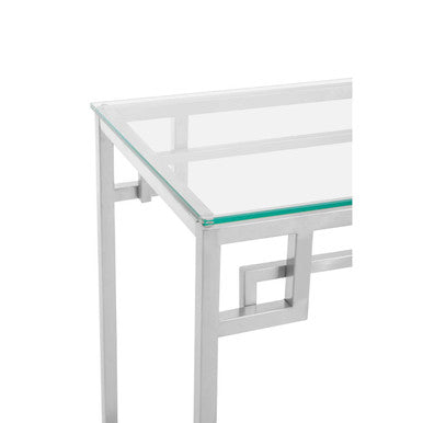 Close-up of the polished silver stainless steel frame and welded joint