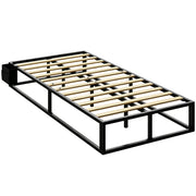 Homcom single bed frame in black steel with pale wood slats and a fabric side storage bag, studio view