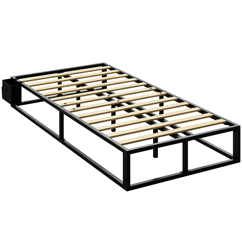 Homcom single bed frame in black steel with pale wood slats and a fabric side storage bag, studio view