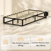 Dimensions diagram showing the bed frame at 90 cm wide, 190 cm long and 25 cm high, with a 227 kg limit and a 90 x 190 cm mattress size