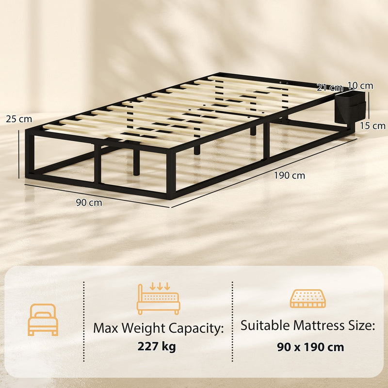 Dimensions diagram showing the bed frame at 90 cm wide, 190 cm long and 25 cm high, with a 227 kg limit and a 90 x 190 cm mattress size