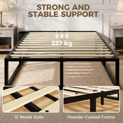 Strength graphic showing the 227 kg capacity with close-ups of the 12 wood slats and powder-coated steel frame