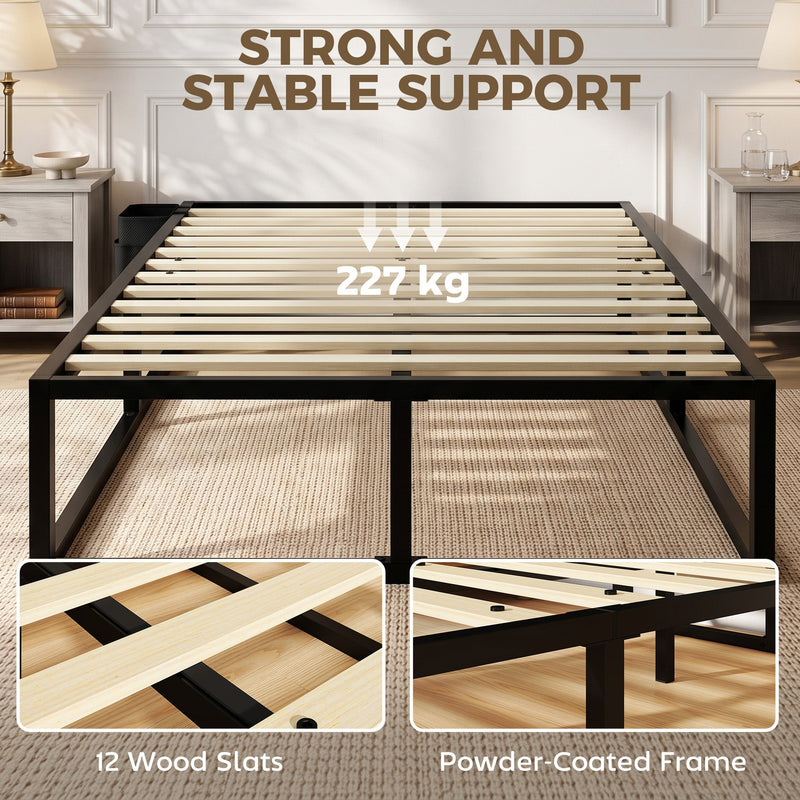 Strength graphic showing the 227 kg capacity with close-ups of the 12 wood slats and powder-coated steel frame