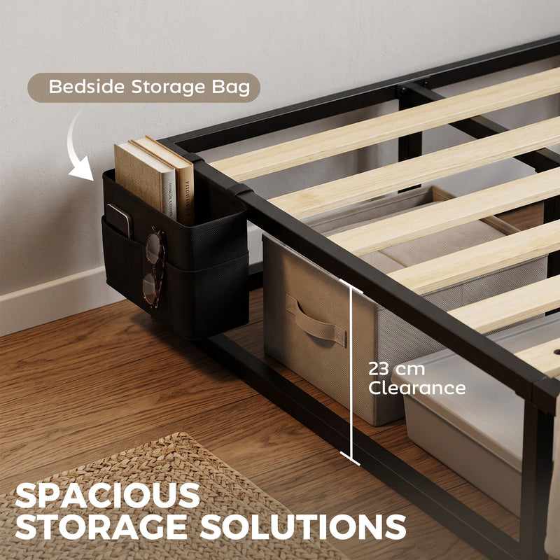 Storage graphic measuring the 23 cm underbed clearance with boxes stored below and the bedside storage bag in use
