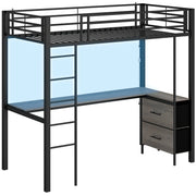 Black metal single loft bed with a grey desk and two drawers on a white background
