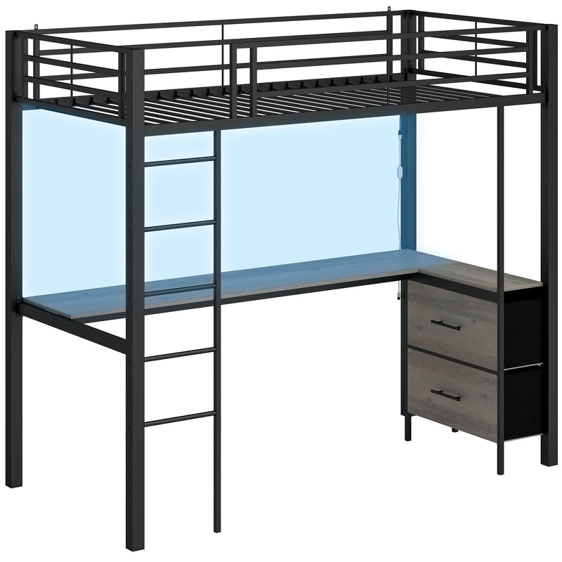 Black metal single loft bed with a grey desk and two drawers on a white background