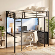 Loft bed in a bedroom with a laptop on the desk and blue LED lighting behind