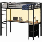 Loft bed with warm LED lighting under the bed frame and a laptop on the desk