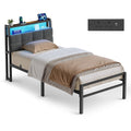 Vasagle single metal bed frame with grey padded headboard, LED strip and inset charging socket panel