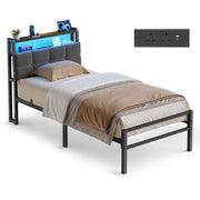 Vasagle single metal bed frame with grey padded headboard, LED strip and inset charging socket panel