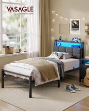 Single bed with lit LED headboard styled in a teenager's bedroom beside a window