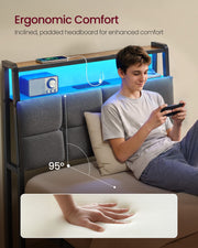 Headboard reclined at 95 degrees with foam padding detail and a boy sitting up against it