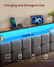 Headboard shelf charging a phone and tablet, showing 2 AC outlets, 2 USB-A ports and 1 USB-C port