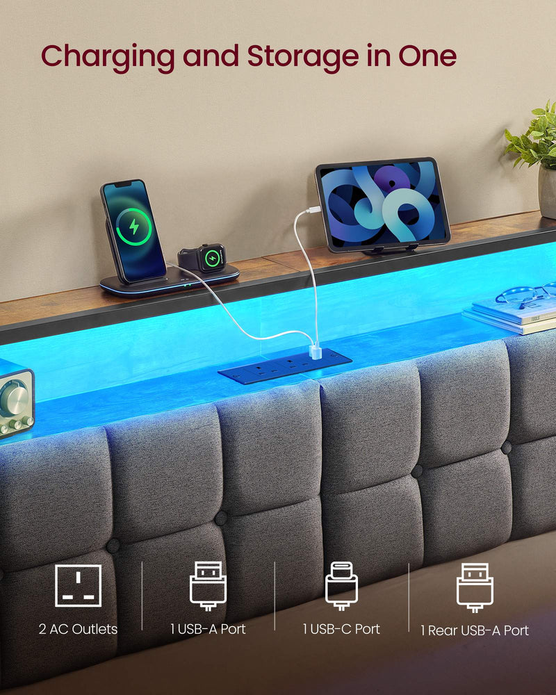 Headboard shelf charging a phone and tablet, showing 2 AC outlets, 2 USB-A ports and 1 USB-C port