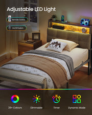 Bed frame with RGB headboard lighting showing 29 plus colours, dimming, timer and remote control