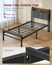 Bare single bed frame showing 6 legs, 11 metal slats and the sound isolator detail