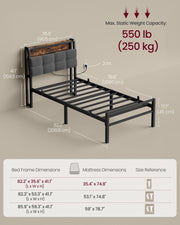 Dimensions diagram of the single bed frame at 208.9 by 90.5 by 104.5 cm with 250 kg load capacity