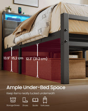 Under-bed storage space with 35.2 cm and 31.2 cm clearances and storage boxes tucked underneath