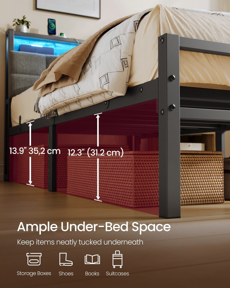Under-bed storage space with 35.2 cm and 31.2 cm clearances and storage boxes tucked underneath