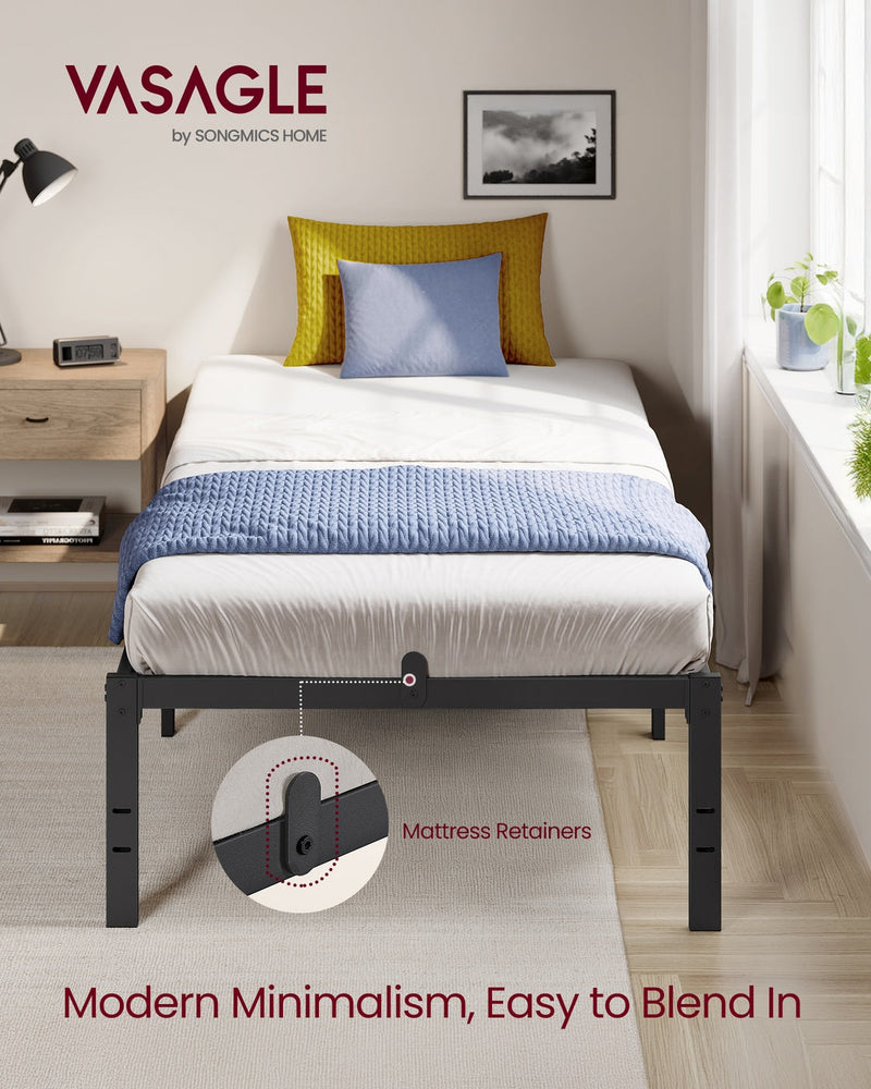 Vasagle single bed frame styled in a guest bedroom, showing mattress retainer