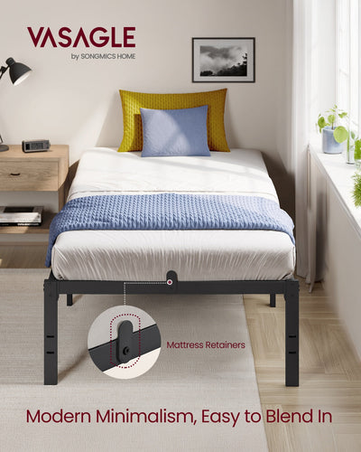 Vasagle single bed frame styled in a guest bedroom, showing mattress retainer