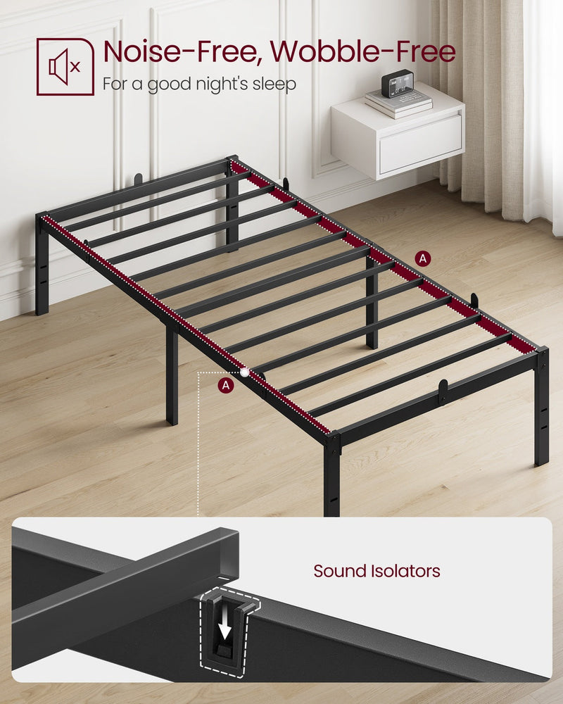 Close-up of steel slats and sound isolator joint on Vasagle bed frame