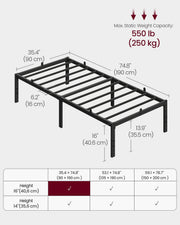 Dimensions diagram showing 190 x 90 x 40.6 cm single bed frame with weight capacity