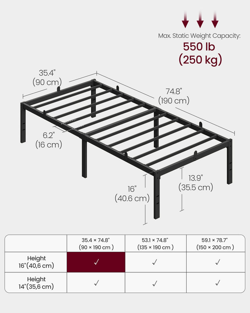 Dimensions diagram showing 190 x 90 x 40.6 cm single bed frame with weight capacity