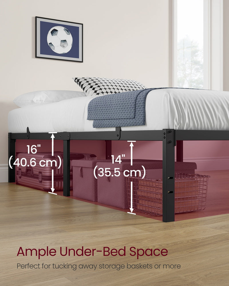 Under-bed storage space showing 35.5cm clearance with storage baskets and luggage