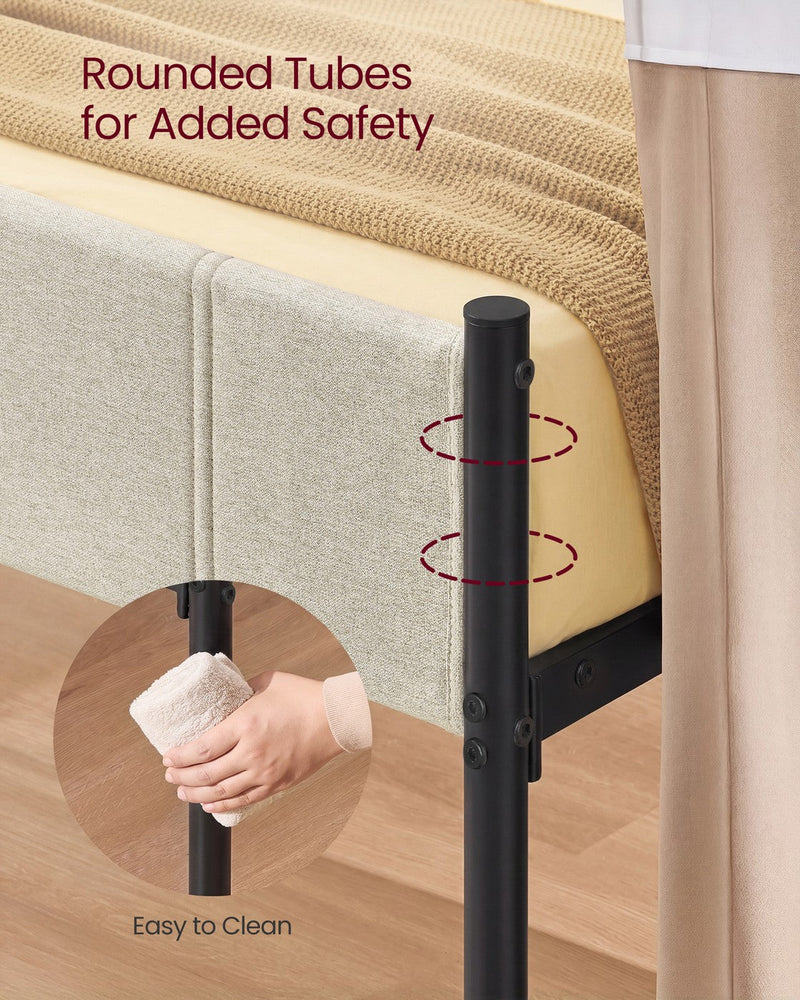 Close-up of a rounded black tube leg next to the beige upholstered side rail, with an inset of a hand wiping the tube clean