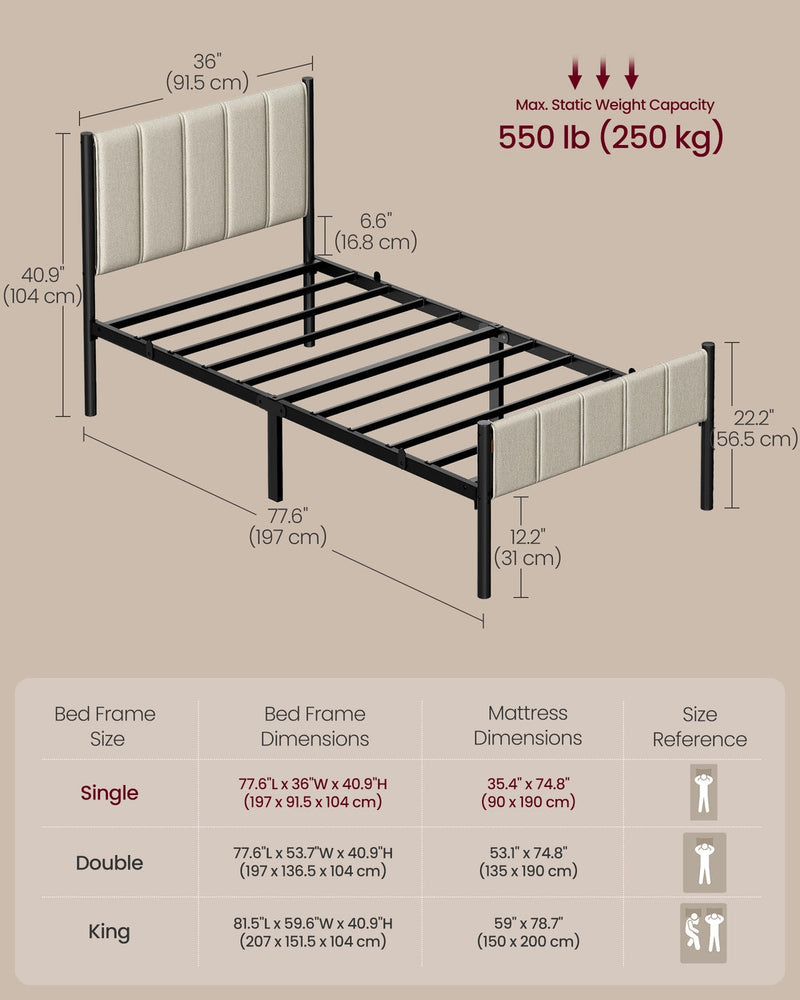 Labelled dimensions diagram of the single frame: 197 cm long, 91.5 cm wide, 104 cm high, 31 cm clearance, 56.5 cm footboard, 250 kg capacity