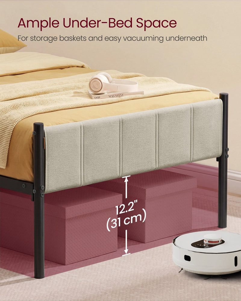 Close-up of the beige side rail with 31 cm of under-bed clearance marked above storage boxes and a robot vacuum on the carpet