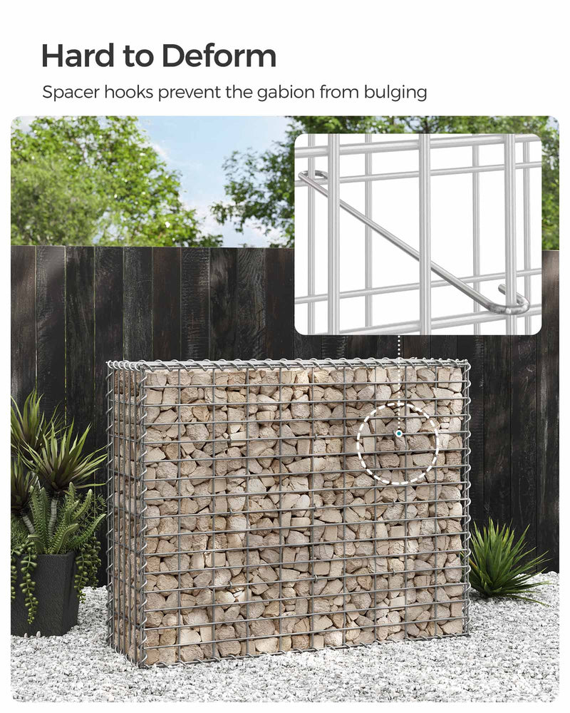 Stone-filled gabion beside a dark fence with an inset view of the spacer hook